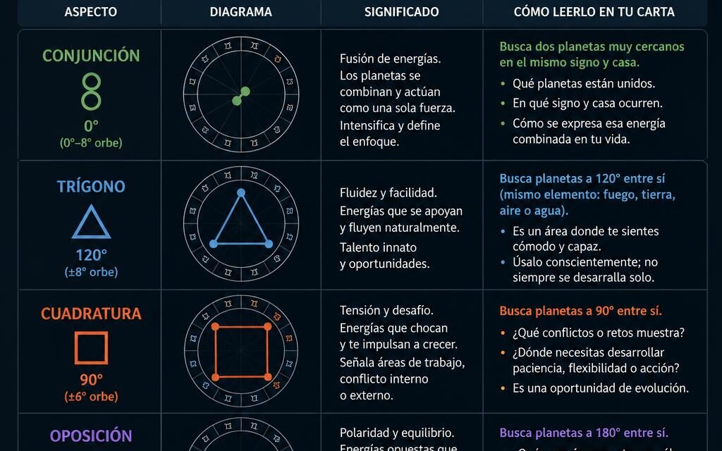 Cómo leer los aspectos planetarios en tu carta natal: conjunciones, trígonos, cuadraturas y oposiciones