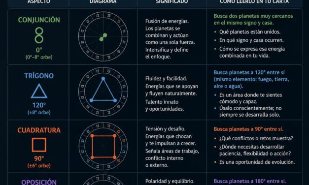 Cómo leer los aspectos planetarios en tu carta natal: conjunciones, trígonos, cuadraturas y oposiciones